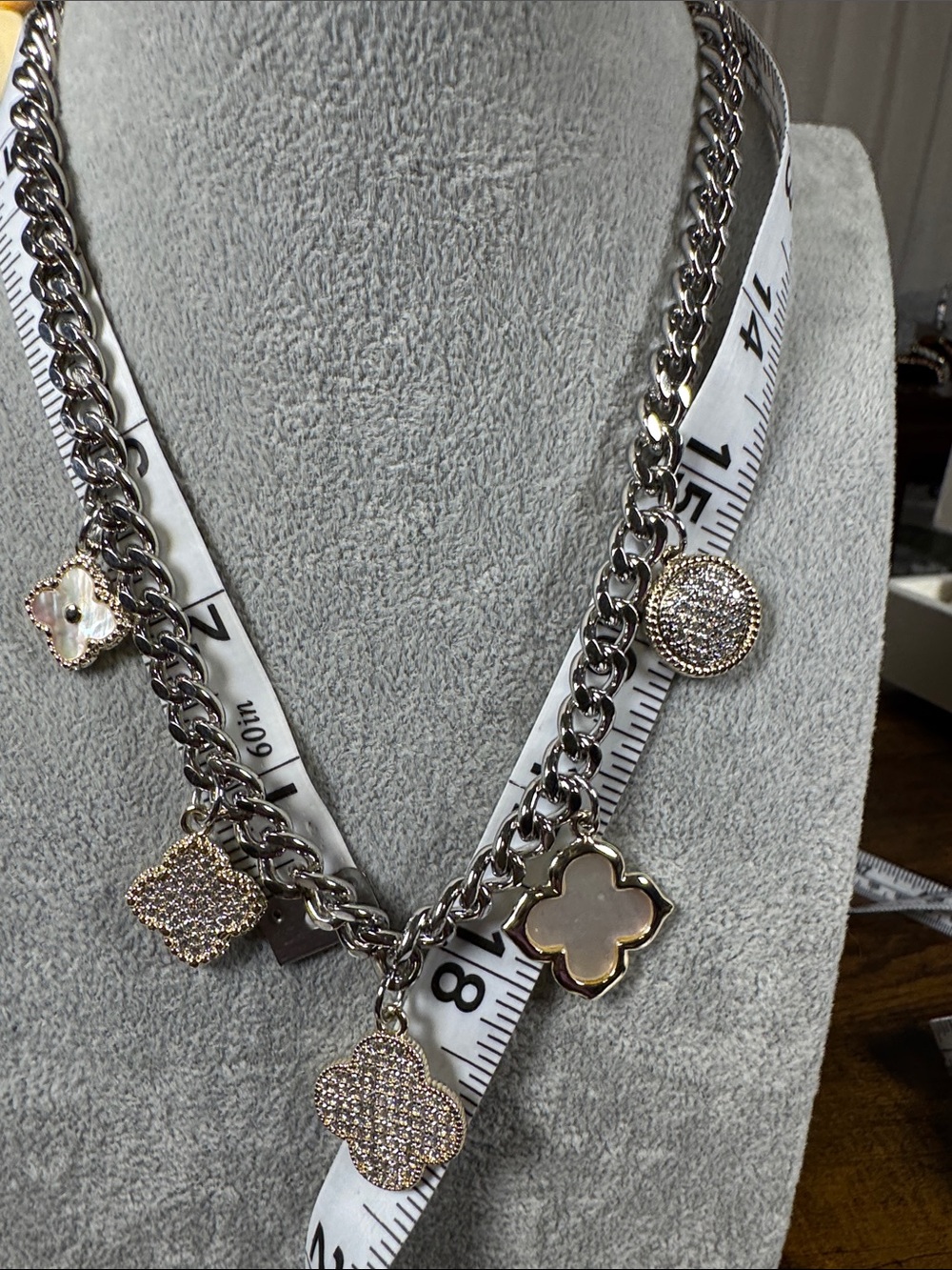Silver Tone Charm Necklace with Crystal Pave’ and Mother-of-Pearl Accents - Picture 4 of 4